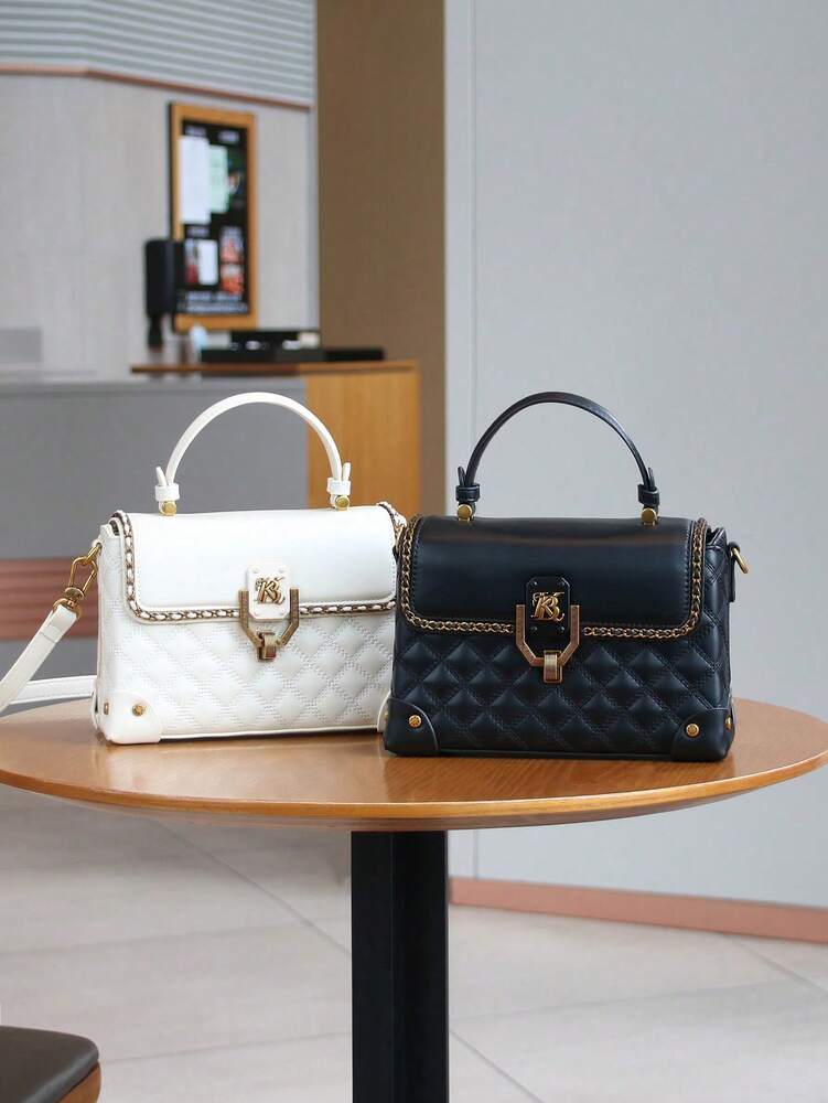 Rhombus Embroidered Boxy Handbag for Women, Chic Shoulder and Crossbody Bag with Clasp, Versatile High-End 2025 Design for Daily Commute