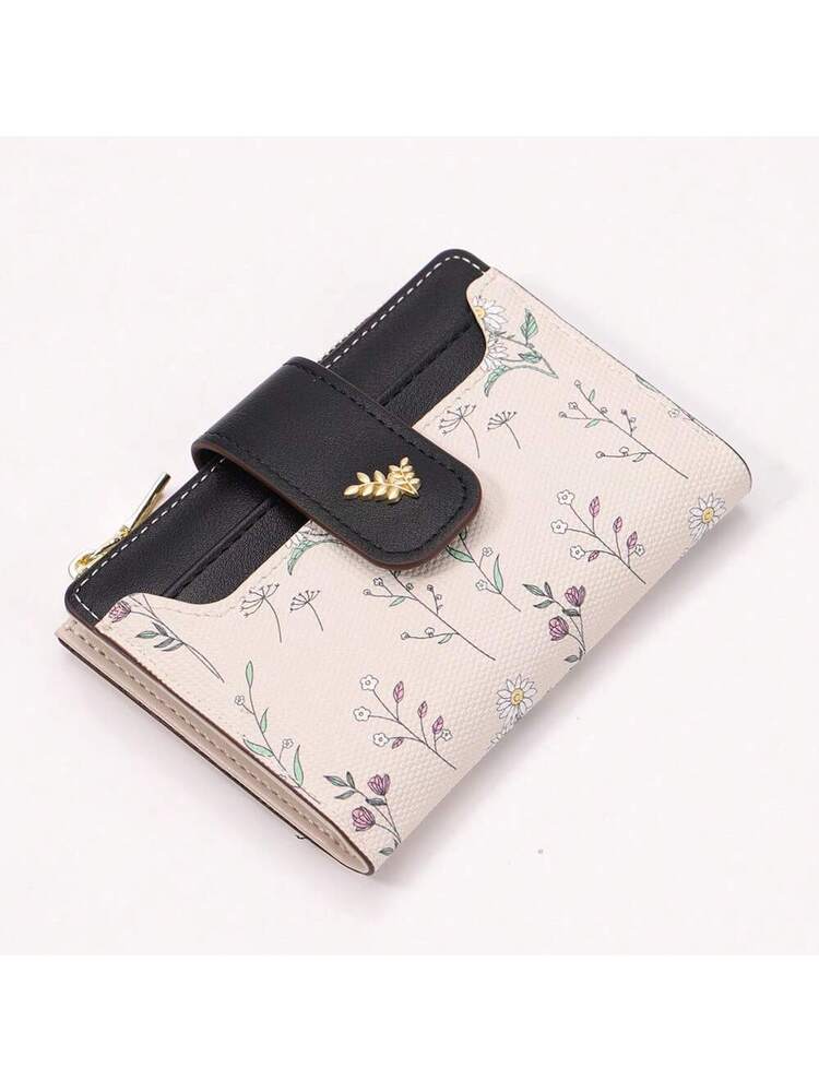 Tri-Fold Coin Wallet with Leaf Metal Button, Stylish Compact Card Holder for Women, Small Fashionable PU Purse, Elegant and Practical Design