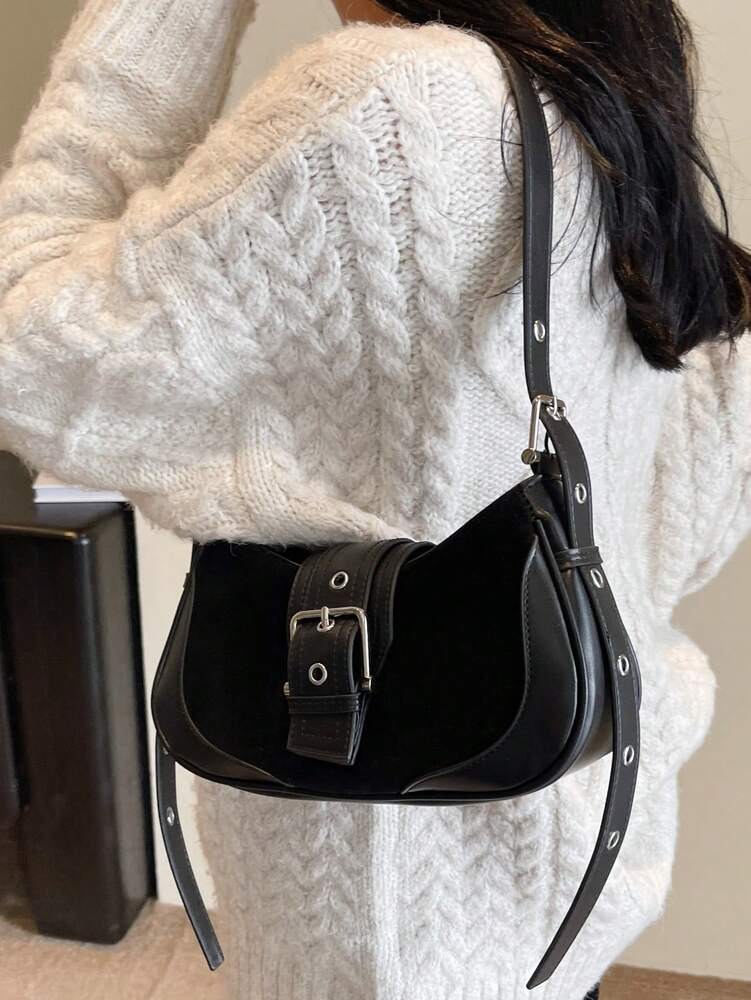 Crescent Motorcycle Underarm Bag with Metal Eyelets, Retro Cool Style Crossbody Purse for Women, Unique Niche Texture Daily Handbag