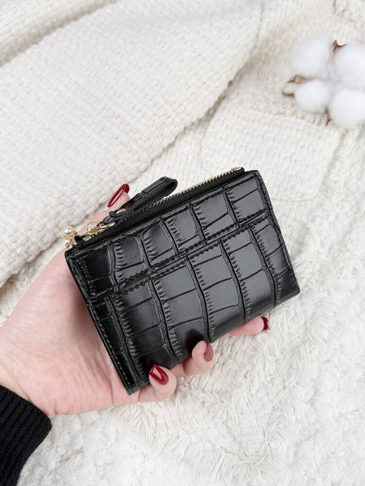 Fold Over Small Wallet with Letter Detail, Slim Bifold Pocket Purse for Women, Lightweight Card Case with Key Slot, Cute and Modern Daily Wallet